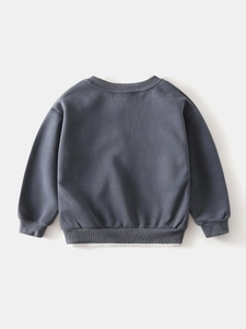 Charcoal grey V-neck kids sweatshirt with layered white hem and ribbed cuffs
