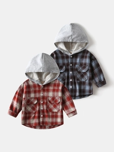 Jungen Casual Baumwolle Kapuzen Plaid Hemd Koreanischer Stil Langarm Button Down Kariertes Top Mit Brusttaschen Für Kleinkinder