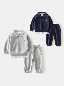 Ensemble Sweat-Shirt et Pantalon Décontracté pour Garçons Mélange de Coton Col Polo Faux Deux-Pièces Tenue d'Automne