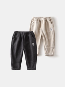 Kids corduroy fleece-lined pants set with robot embroidery for autumn and winter