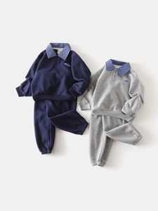 Boys Casual Clothing Suit Cotton Blend Plaid Polo Collar Long Sleeve Sweatshirt And Matching Pants Trendy Kids Daily Outfit Navy Gray