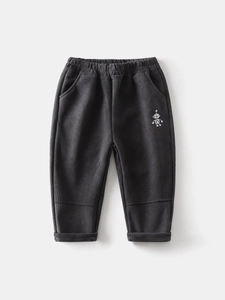 Dark grey corduroy pants for kids with elastic waist and cute robot embroidery detail
