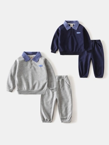 2-piece boys' casual set with polo collar sweatshirt and matching joggers in grey and navy