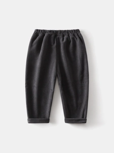 Kids warm dark grey corduroy fleece pants with elastic waist and cuffed hems for winter