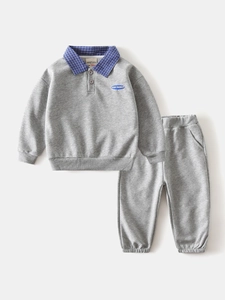 Boys casual grey tracksuit set with plaid collar and Game Changer embroidery details