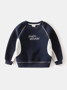 Boys thickened color-block crewneck sweatshirt with blue and grey panels and graphic print
