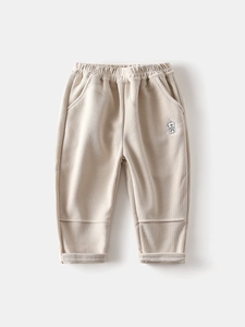 Beige kids corduroy trousers with warm fleece lining and a cute robot embroidery design