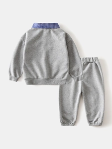 Gray toddler casual two-piece set featuring blue plaid collar and elastic waist pants