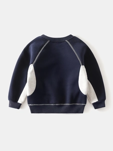 Boy's navy blue colorblock thick sweatshirt with ribbed cuffs and crew neck back view