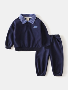Boys two-piece dark blue casual polo sweatshirt and trousers set with check collar