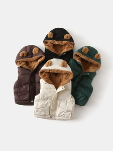 Toddler Kids Winter Hooded Padded Vest Cute Bear Ears Fleece Lined Warm Sleeveless Jacket Outwear For Boys Girls