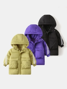 Boys Hooded Padded Jacket Winter Thickened Warm Coat With Stripes Sleeve Medium Long Outdoor Casual Children Outerwear