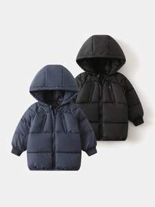 Kids hooded winter coats in navy and black featuring windproof quilted design and zip pockets