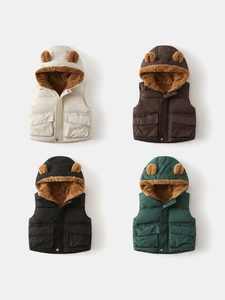 Thickened children's hooded vest with cute bear ears in beige, brown, black and dark green