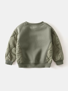 Boys olive green fleece sweatshirt with quilted patchwork sleeves and ribbed cuffs