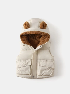 Children's hooded padded vest with bear ears and warm brown fleece lining in beige