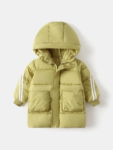 Thick hooded mustard green puffer jacket for kids featuring stylish white sleeve stripes