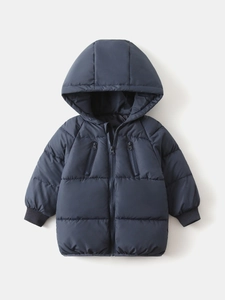 Thick navy blue hooded winter jacket for boys with windproof cuffs and zip pockets