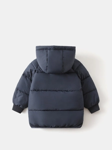 Thick navy blue hooded puffer jacket for boys with horizontal quilting and ribbed cuffs
