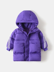 Kids purple hooded winter coat with side sleeve stripes and large front pockets