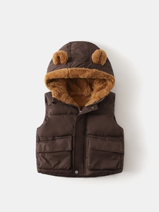 Thickened brown hooded puffer vest for boys with 3D bear ears and warm fleece lining