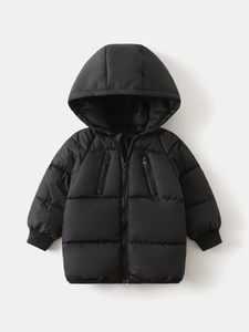 Thick black hooded cotton-padded jacket for boys with zipper pockets and windproof cuffs
