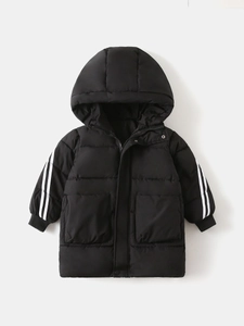 Kids black hooded winter coat with dual closure and stylish side stripes on sleeves