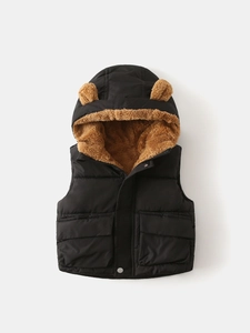 Thickened hooded vest for boys with bear ears and warm fleece lining in black