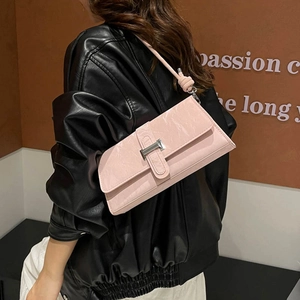 Minimalist pink PU leather shoulder bag with marble texture and silver buckle detail