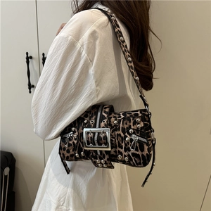 Y2K punk style leopard print shoulder bag with silver rivets and metal buckle detail