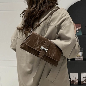 Dark coffee PU leather shoulder bag with wrinkled texture and silver buckle for women