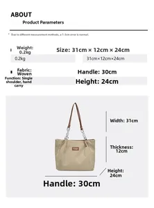Detailed size chart for large tote bag with dimensions 31x12x24cm and 30cm strap drop