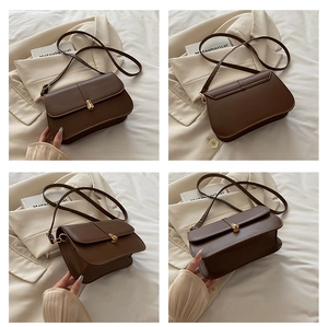 Brown baguette bag multi-angle views showing gold twist lock and adjustable strap