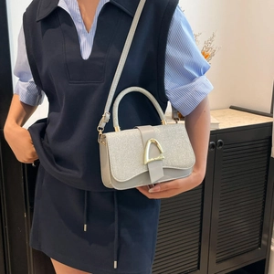 Silver glitter crossbody bag with gold D-buckle and top handle for women's fashion