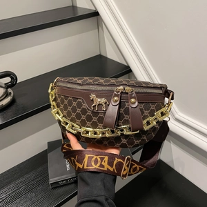 Fashion Printed PU Leather Chest Bag For Women Vintage Monogram Crossbody Waist Bag With Wide Strap Chain Saddle Bag