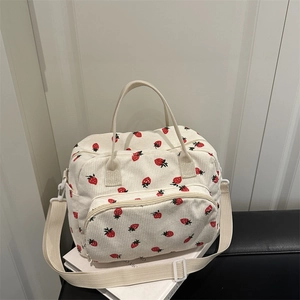 Japanese Style Strawberry Print Corduroy Tote Bag For Women Cute Large Capacity Crossbody Bag With Adjustable Strap