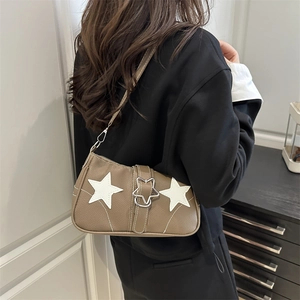 Brown leather underarm bag with white star patches and star metal buckle for women