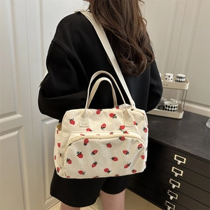 Japanese style strawberry print corduroy tote bag with adjustable strap for women