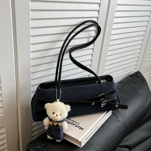 Trendy Denim Underarm Bag For Women Minimalist Shoulder Handbag With Leather Straps Baguette Bag Retro Chic Daily Casual Purse