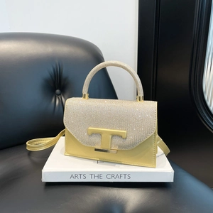 Fashion Women PU Leather Glitter Flap Crossbody Bag Metal T-Buckle Elegant Small Square Handbag For Daily Commuting Party