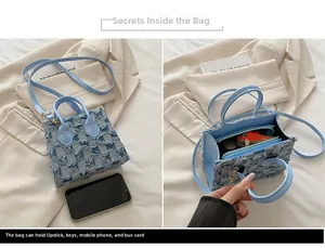 Détails du mini sac en denim à carreaux montrant la capacité et la taille