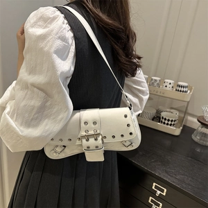 White Y2K chic underarm bag with silver rivets and wide buckle detail for women