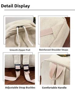 Detail view of corduroy backpack showing dual zippers reinforced stitching and straps