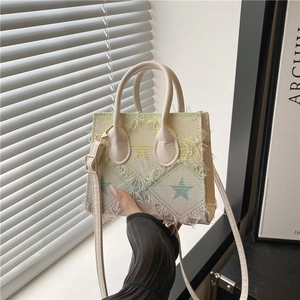 Sac Bandoulière en Denim Mode pour Femmes Motif Damier Étoile Petit Sac à Main Carré avec Bords Effilochés Sac à Épaule Tendance