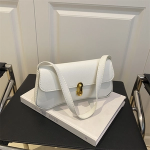 Sac Sous le Bras en Cuir PU Vintage Français pour Femmes Mode Motif Litchi Sac à Épaule Boucle Dorée Chic Couleur Unie Main Sac
