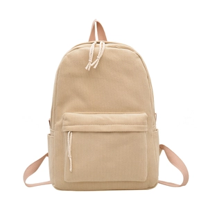 Beige corduroy backpack with pink straps and textured vertical stripes for women