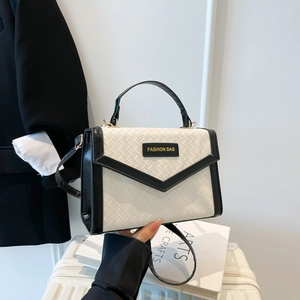 Women Fashion PU Leather Woven Crossbody Bag Elegant Color Block Handbag Trendy Small Square Flap Shoulder Bag For Daily Use