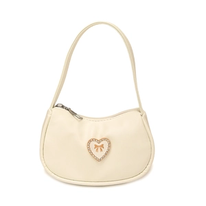 Schicke cremeweiße Halbmond-Schultertasche mit Herz-Strass-Detail und Schleifenprägung