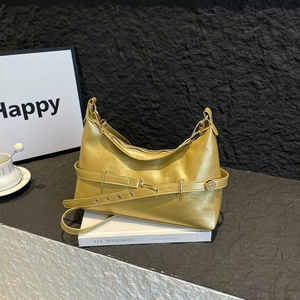 Women Retro PU Leather Armpit Bag Glossy Moon Shaped Shoulder Bag With Adjustable Strap Metal Buckle Chic Crossbody Bag