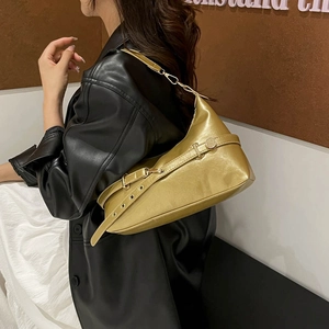 Vintage golden metallic leather underarm bag with adjustable straps for women